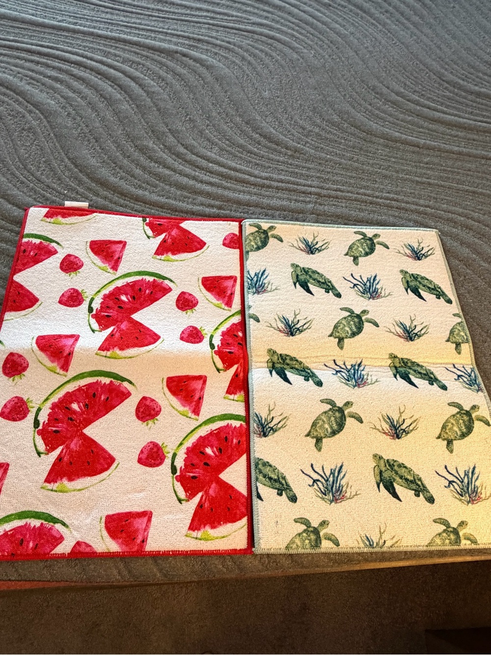 Watermelon and Sea Turtle Printed Kitchen Dish Drying Mats. - Red & Green